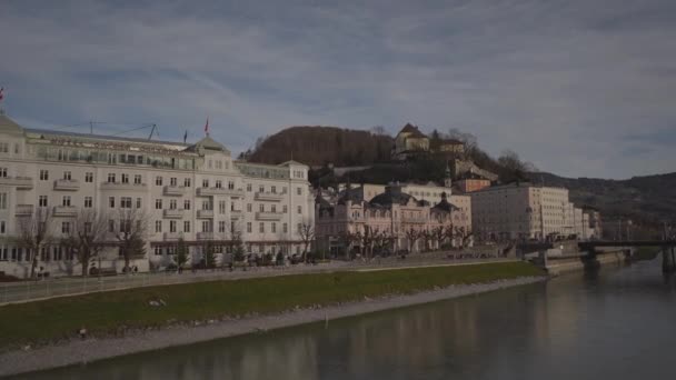 Salzburg Austria Cityscape River Salzburg Sunny Winter Day Salzach Riverfront — Stock Video