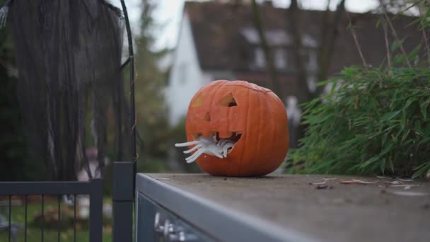 Dekorera Hus För Halloweenfest Pumpa För Att Dekorera Utanför Hemmet — Stockvideo