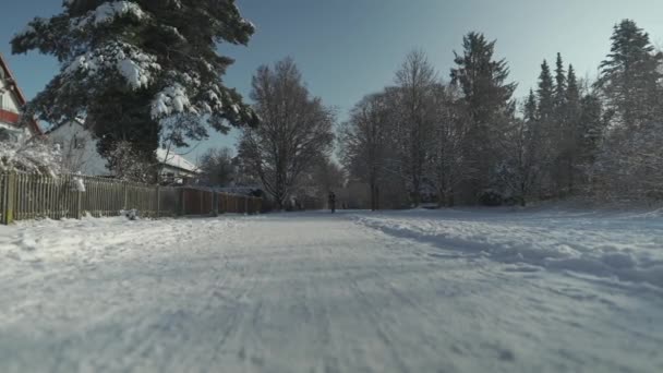 Мужской Велосипедист Катается Парке Снегу Зимой Солнечную Погоду Мюнхене Германия — стоковое видео