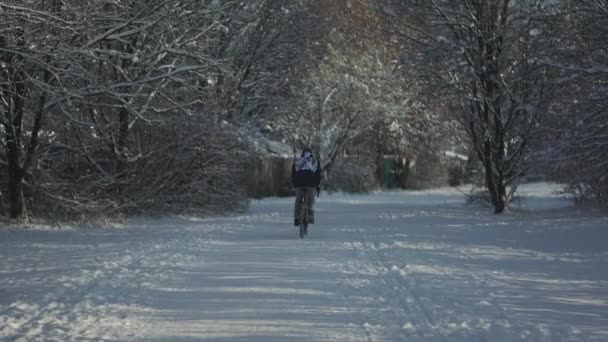 ドイツのミュンヘンで晴れた天気の冬に公園でサイクリングする男性サイクリスト あらゆる種類の天候で自転車で通勤する アウトドアウィンター活動 冬のエコフレンドリーな輸送 — ストック動画