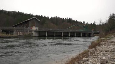 Fish ladder at Baierbrunn hydroelectric power plant. Fish ladder and dam on Isar River near Munich, Germany. Vogelschutzgebietes. Grunwald. Isar weir in southern Bavaria with fish stairs. 