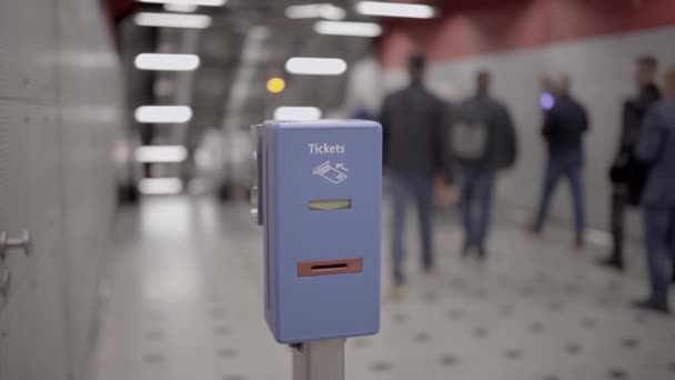 Ticket Validator Public Transport Blue Color Background Walking Passengers Subway — Stock Video