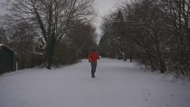 Erkek Koşucu Kışın Turuncu Eşofman Altı Arka Görüşüyle Karda Koşuyor — Stok video