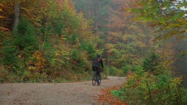 Ciclista Sexo Masculino Montando Subida Vista Bicicleta Cascalho Volta Outono — Vídeo de Stock