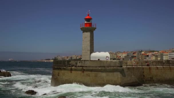 Farolim Felgueiras Deniz Feneri Porto Portekiz Sahilinde Porto Sahilindeki Güzel — Stok video