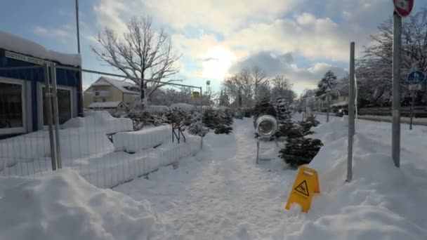 Mercado Árboles Navidad Aire Libre Invierno Nevado Durante Día Con — Vídeos de Stock