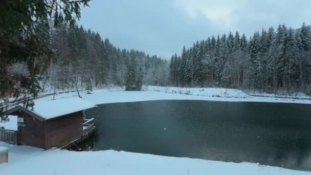 ステファイ シュライエー バイエルン 冬の水貯水池 ドイツの山の雪の天気で オベイバーンのシュリエー近くの都市 ブレイテンバッハ シュライザー 池のある冬の風景 — ストック動画