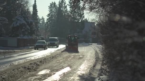 December 2022 Munich Germany Orange Machine Shovels Snow Bucket Fast — Stock Video