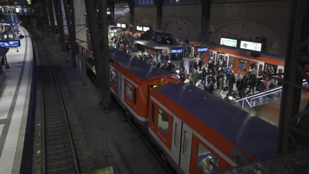 December 2023 Hamburg Tyskland Huvudstationen Hamburg Panorama Järnvägsspår Och Ankommande — Stockvideo