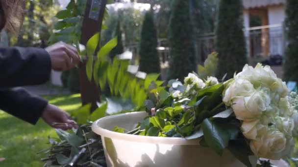 Hivatásos Virágárus Munkahelyemen Fiatal Gyönyörű Teszi Divatos Modern Csokor Zöld — Stock videók