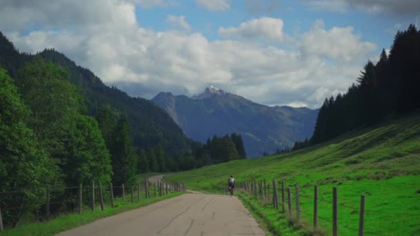 在阿尔卑斯山高山峻岭的背景下 骑自行车的人骑着带着旅行袋的石子骑在柏油路上 骑自行车的人沿着公路骑自行车的路线骑着自行车在高山上游览 骑自行车旅行 — 图库视频影像