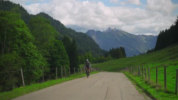 Чоловік Їде Гравійному Велосипеді Туристичними Сумками Асфальтовій Дорозі Тлі Високих — стокове відео