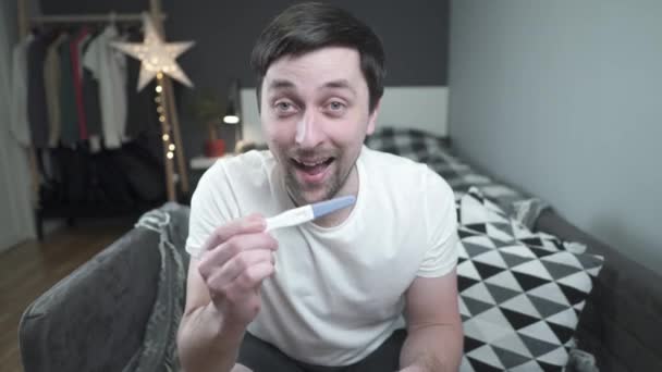 Long Awaited Pregnancy Happy Man Enjoying Positive Result Pregnancy Test — Stock Video
