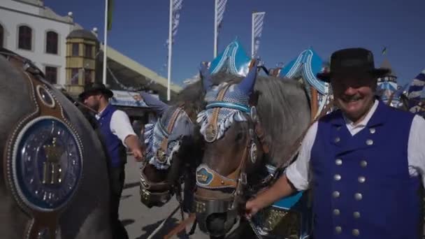 Września 2023 Monachium Niemcy Theresienwiese Zdobione Konie Powóz Należące Browaru — Wideo stockowe