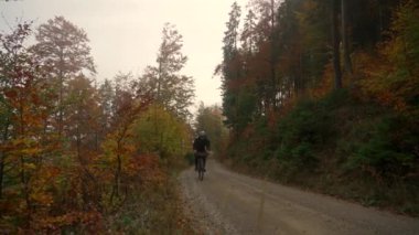 Erkek bisikletçi, çakıllı bisiklete biniyor sonbaharda bisiklet rotasında dağ manzaralı ormanlık alanda. Tekerlekli doğayı keşfediyorum. Bisikletçi Almanya 'daki Bavyera Alplerinde yüksek dereceye tırmandı. 