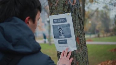 Parkta yürüyen bir adam ağaçta kayıp köpekle ilgili bir mesaj görmüş. Hatırlamak için telefonuna fotoğraf çekmiş ve kayıp bir köpek görüp görmediğini sormuş. Erkek, parktaki bir ağaç direğinde kayıp bir köpeğin fotoğrafını çeker.. 