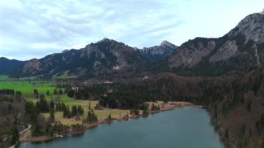 Schwansee Alp Gölü 'nden Neuschwanstein Şatosu baharda görülüyor. Schwansee im Ostallgau, Bayern sudostlich von Fussen im Gemeindegebiet von Schwangau 'da. Schloss Neuschwanstein und der See. 