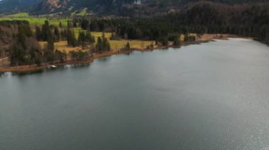 Schwansee Alp Gölü 'nden Neuschwanstein Şatosu baharda görülüyor. Schwansee im Ostallgau, Bayern sudostlich von Fussen im Gemeindegebiet von Schwangau 'da. Schloss Neuschwanstein und der See. 