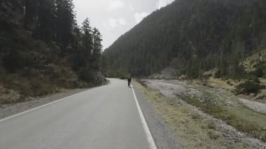 Erkek bisikletçi, güneşli bir baharda Avusturya dağlarında asfalt bir yolda bisiklet sürüyor. Alplerde yol bisikleti. Tyrol, Avusturya 'da arabaları ve motosikletçileri olan bir yolda bisiklet sürüyor. 