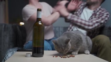 İşlevsiz ailede hayvan istismarı. Sarhoş adam ve kadın kavga ediyor ve aç kedi masada oturmuş dağınık yemek yiyor. Aile içi şiddet ve kötü hayvan bakımı. Alkoliklerin ailesindeki aç kedi.. 