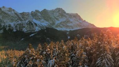 Alman Bavyera Alpleri 'ndeki kar kaplı ağaç tepelerinde nefes kesen hava manzarası, Zugspitze kitsif sergileniyor. Zugspitze Gipfel Wetterstein Dağları 'nın en yüksek zirvesi ve Almanya' nın en yüksek dağı. 