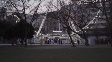 Budapeşte, Macaristan 'da alacakaranlıkta dönme dolap. Elisabeth meydanının alacakaranlıktaki aydınlanmış dönme dolap manzarası. Eğlence parkı kavramı, adil, heyecan verici. Macaristan 'ın başkentine turist gezisi. 