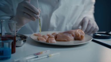 Erkek laboratuvar teknisyeni GDO araştırması için et fileto tavuğuna şırınga enjekte ediyor. Genetik olarak değiştirilmiş et. Bilim adamı ete GDO enjekte ediyor. Organik besin takviyeleri deneyi