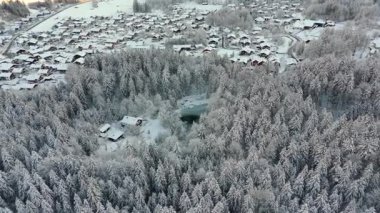 Kışın Rosensee Gölü, Grainau, Garmisch-Partenkirchen, Almanya hava manzaralı, karla kaplı kozalaklı orman ve Alpler ile çevrilidir. Rosensee umgeben bei Grainau, Alman Luftaufnahme. 