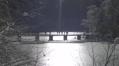 Almanya 'nın Bavyera kentindeki Zugspitze yakınlarındaki donmuş Eibsee gölünün manzarası. Turistler dağlarla, ormanlarla ve karla kaplı patikalarla çevrili karlı bir köprüde toplanıyorlar. Popüler fotoğraf noktası.