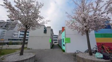 13 Nisan 2025. Münih, Almanya. Studentenviertel Oberwiesenfeld, Almanya 'nın Münih Olimpiyatları' nda yer alan bir öğrenci yerleşkesi. Münih 'te Öğrenci Wohnungen. 