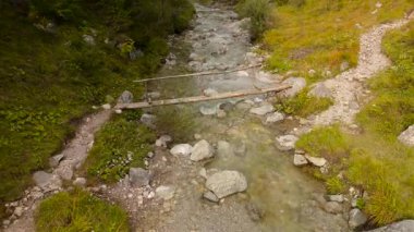 Bavyera Alpleri 'nin nefes kesici görüntüsü, sakin bir dağ deresinin üzerinde büyüleyici bir ahşap köprü, renkli sonbahar yaprakları ve Almanya' da engebeli kayalık bir arazide yuva yapmış.. 