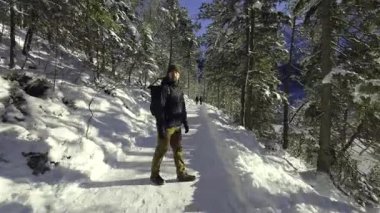 Bayern 'de Mann wandert im Winter auf dem verschneiten Eibsee Rundweg, Nahe Zugspitze, Garmisch-Partenkirchen. Idyllischer Bak, Schnee, Sonne, Berge, Wanderung im Wettersteingebirge