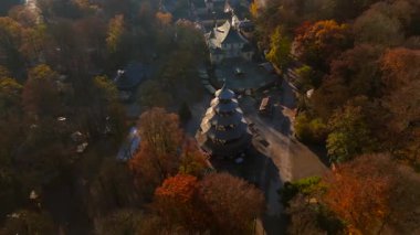 Chinesischer Turm im Englischen Garten Munchen, Alman Luftaufnahme im Herbst. İngiliz Bahçe Münih 'inde Çin Kulesi, sonbaharda Almanya hava manzarası. İngiliz Bahçesi 'nin simgesi. 