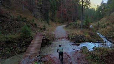 Çakıl taşı bisikletli bisikletçi, dağlardaki orman patikaları boyunca soğuk dağ nehrinden geçer ve yakındaki tahta köprü yerine su mücadelesini seçer. Sonbahar renkleri etrafını sarmış. Bisikletçi derenin karşısına geçiyor.