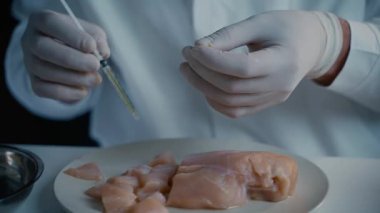 Çiğ tavuk etine genetik enjeksiyon. Bilim adamı et parçalarına enjeksiyon yapıyor. Laboratuvar asistanı GDO tavuğunu test ediyor. Gıda kalite kontrol işçisi. Yiyeceklerde genetik olarak modifiye edilmiş antibiyotik kalıntısı.