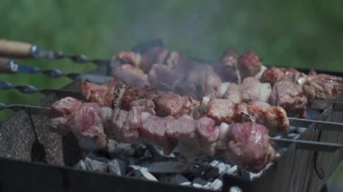 Metal şişte et, metal ızgarada kömürde kızartılmış. Doğada şiş kebap pişirmek. Kızarmış şiş kebap, barbekü, mangal, dışarıda kömür üstünde şiş kebap. Kebap dumandaki kömürde kızardı..