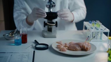 Yemek kalite kontrol konsepti. Laboratuvar asistanı GDO tavuğunu test ediyor. Laboratuvarda örnek et, anabolik ve antibiyotik içeren şırıngalar ve mikroskop inceleyen bilim adamları. Gıda mühendisliği süreci.