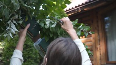 Profesyonel çiçekçi iş başında. Genç ve güzel bir kadın modern yeşil buketi farklı renklerde yapıyor. Çiçekli düğün kemeri tasarımı. İş konsepti. Sonbaharda dışarıda çalışan bir dekoratör..