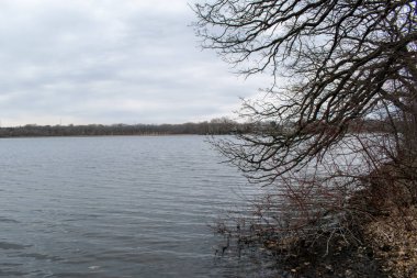Minneapolis, Minnesota 'da bulutlu bir günde çekilmiş bir göl manzarası.