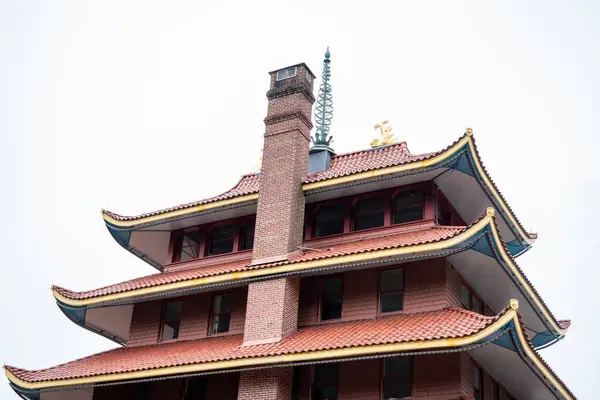 stock image Overview of an Asian Pagoda looking over a forest and city. High-quality photo taken in Reading, Pennsylvania.