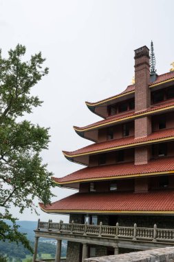 Ormana ve şehre bakan Asya 'lı bir Pagoda' nın özeti. Yüksek kaliteli fotoğraf Reading, Pennsylvania 'da çekildi..