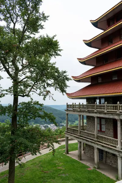 Ormana ve şehre bakan Asya 'lı bir Pagoda' nın özeti. Yüksek kaliteli fotoğraf Reading, Pennsylvania 'da çekildi..