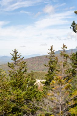 Değişen ağaçlara ve diğer dağlara tepeden bakan bir dağın tepesinden bakıyor. White Mountain Ulusal Ormanı, New Hampshire 'da yüksek kaliteli fotoğraf..