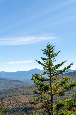 Değişen ağaçlara ve diğer dağlara tepeden bakan bir dağın tepesinden bakıyor. White Mountain Ulusal Ormanı, New Hampshire 'da yüksek kaliteli fotoğraf..