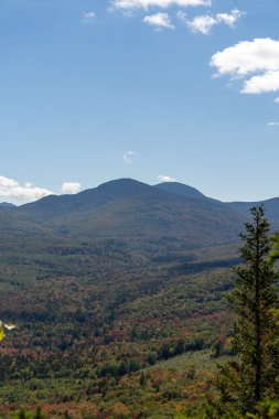 Değişen ağaçlara ve diğer dağlara tepeden bakan bir dağın tepesinden bakıyor. White Mountain Ulusal Ormanı, New Hampshire 'da yüksek kaliteli fotoğraf..