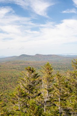 Değişen ağaçlara ve diğer dağlara tepeden bakan bir dağın tepesinden bakıyor. White Mountain Ulusal Ormanı, New Hampshire 'da yüksek kaliteli fotoğraf..