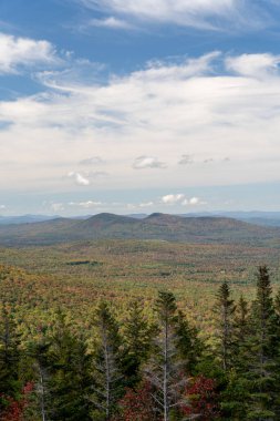 Değişen ağaçlara ve diğer dağlara tepeden bakan bir dağın tepesinden bakıyor. White Mountain Ulusal Ormanı, New Hampshire 'da yüksek kaliteli fotoğraf..