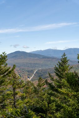 Değişen ağaçlara ve diğer dağlara tepeden bakan bir dağın tepesinden bakıyor. White Mountain Ulusal Ormanı, New Hampshire 'da yüksek kaliteli fotoğraf..
