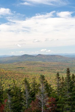 Değişen ağaçlara ve diğer dağlara tepeden bakan bir dağın tepesinden bakıyor. White Mountain Ulusal Ormanı, New Hampshire 'da yüksek kaliteli fotoğraf..