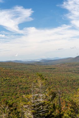 Değişen ağaçlara ve diğer dağlara tepeden bakan bir dağın tepesinden bakıyor. White Mountain Ulusal Ormanı, New Hampshire 'da yüksek kaliteli fotoğraf..